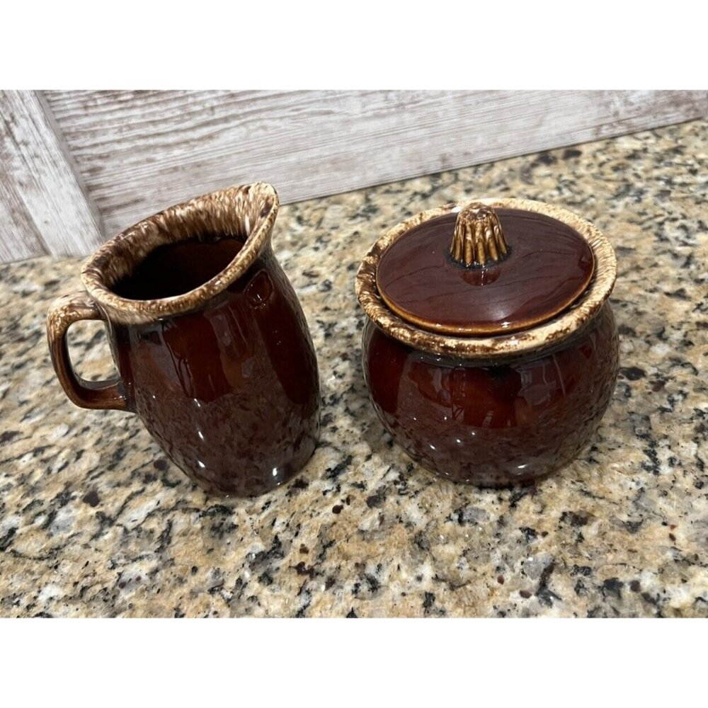 Vintage Hull Oven Proof Pottery Brown Drip Glaze Creamer and Sugar Bowl Set USA